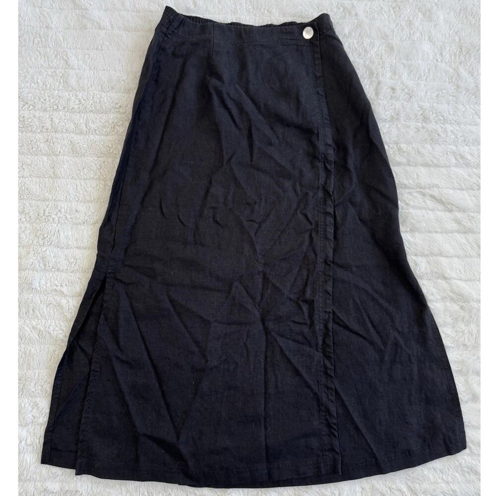 David Dart Collection Black 100% Linen Midi Skirt Button Elastic Waist M